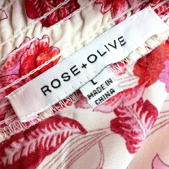 Rose + Olive Floral Smocked Puff Sleeve Blouse Red Pink Ivory Size Large - Picture 10 of 12